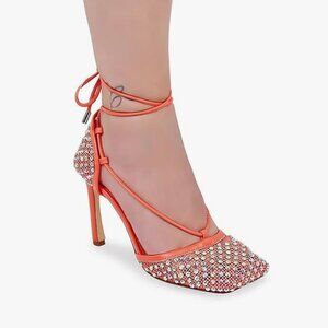 NIB Liliana (9) Coral Mesh Rhinestoned Lace Up Heel Party Pump Statement Heels